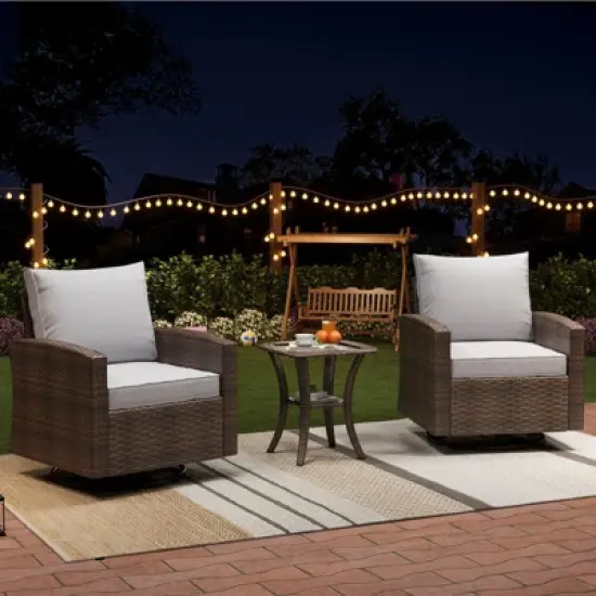 2-Piece Patio Swivel Rocker Set w/ Rattan Table & Cushions - Outdoor Wicker Chairs for Deck, Porch image {2}