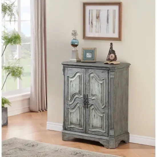 Operose Ville 2 Door Wine Cabinet with White Door Insets Distressed Gray Blue - Treasure Trove Accents image {4}