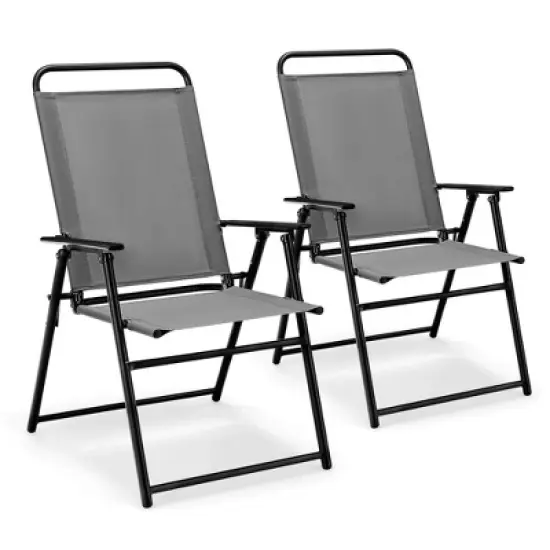 Costway 2pcs Patio Folding  Chairs Dining Armrest Backrest Outdoor Portable Gray/Black image {11}