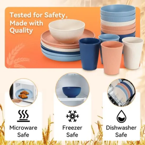 Itopfox 56-Piece Black Wheat Straw Dinnerware Set, Unbreakable Plates, Bowls, Cups & Utensils, Microwave & Dishwasher Safe, Reusable for Home, Office image {2}