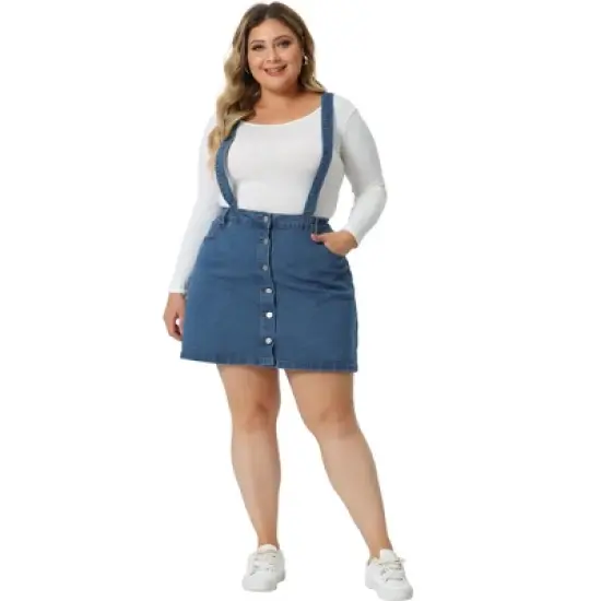 Agnes Orinda Women's Plus Size Suspender Adjustable Strap Cross Back Mini A-Line Denim Skirts image {2}
