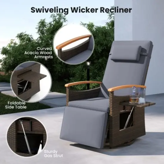 Tangkula Set Of 2 Patio Rattan 360&deg; Swivel Recliner Chair Wicker Lounge Chair w/Adjustable Backrest & Footrest Reclining Seat w/Flip Side Table image {3}