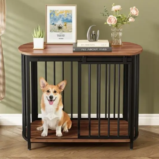 Medium Dog House Dog Crate Wooden Cage Indoor Kennel Furniture Dog Shelter End Table with Double-Doors, Brown/Gray+Black-ModernLuxe image {8}
