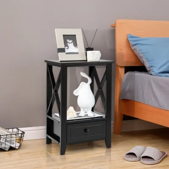 Costway Modern Nightstand with Bottom Drawer Storage Shelf Small Side End Table White\Black image {1}