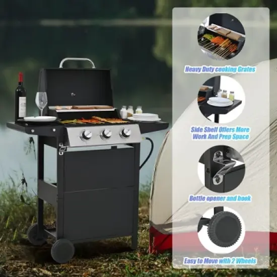 Cesicia Gas Grill, 3 Burner Barbecue Grill, Stainless Steel 26,000 BTU Patio Garden Barbecue Grill with Two Shelves, Lid, Wheels and Bottle Opener image {4}