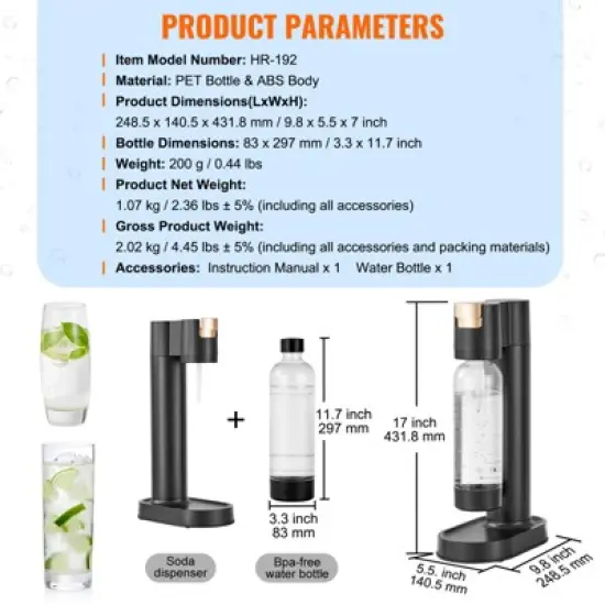 VEVOR Sparkling Water Maker, Soda Maker Machine for Home Carbonating, Seltzer Water Starter Kit with BPA free 1L PET Bottle, Compatible, Black image {7}