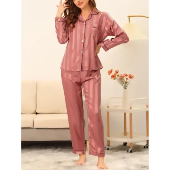 cheibear Womens Satin Sleepwear Soft Button Down Nightwear with Pants Lounge Pajama Set image {1}