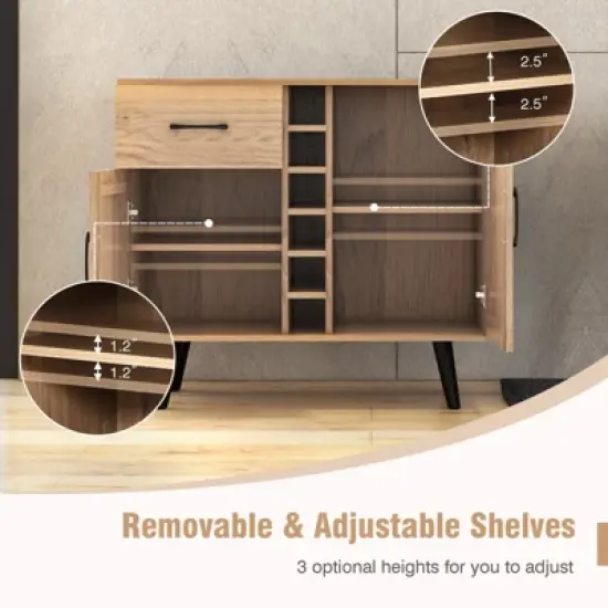 Costway 2-Door Wine Bar Cabinet Kitchen Sideboard Buffet with Drawer & Adjustable Shelves image {5}