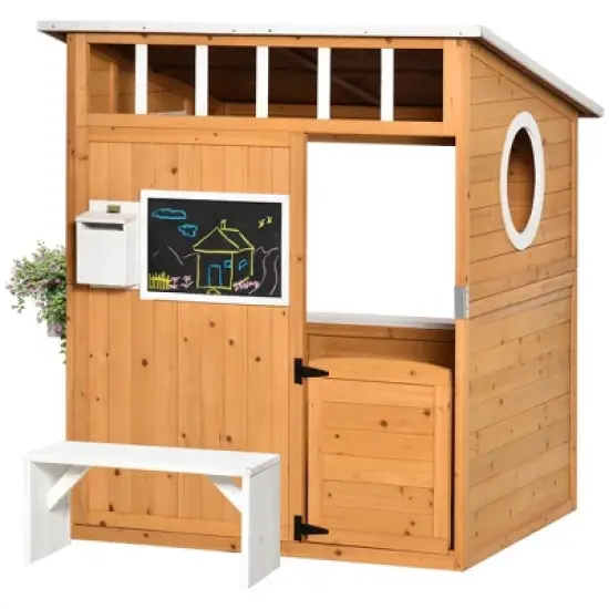 Outsunny Wooden Playhouse for Kids Outdoor, Garden Games Cottage, with Working Door, Windows, Mailbox, Bench, Flowers Pot Holder, 48" x 42.5" x 53" image {3}