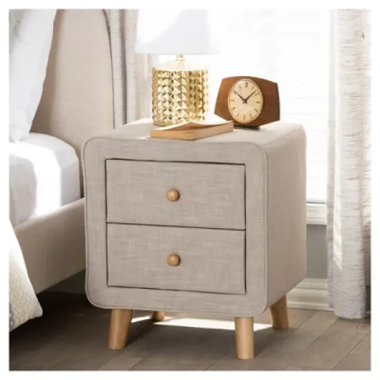 Jonesy Mid - Century Linen Upholstered 2 - Drawer Nightstand - Buff Beige - Baxton Studio image {5}