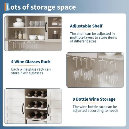 Acekool 72" Tall Kitchen Pantry Cabinet with Hutch, 4 Doors, 2 Drawers, Wine & Glass Rack, Adjustable Shelves, Large Buffet Storage,White image {5}