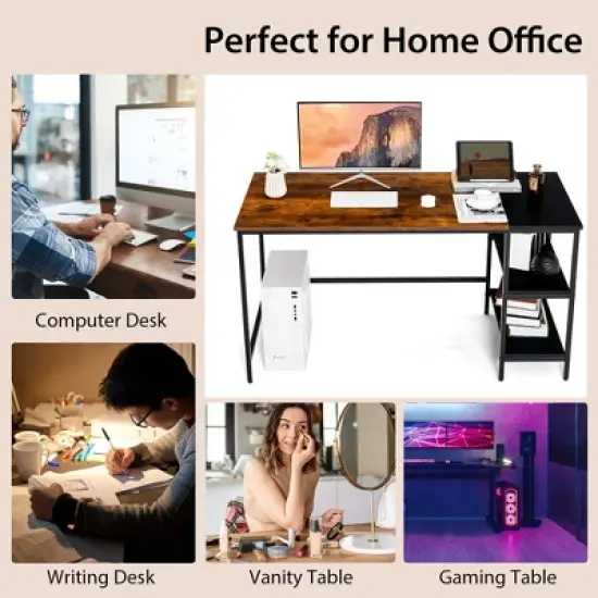 Costway 55'' Computer Desk Writing Workstation Study Table Home Office with Bookshelf Black/Rustic image {5}