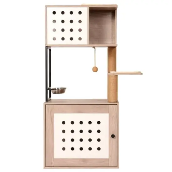 SEVOBAL Pet Tower All-in-One Cat Tree with Litter Box Enclosure, Featuring Hammock, Bed, Food Station, Scratching Posts, Beige, 25.59"*20.08"*7.68" image {5}