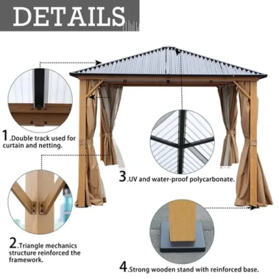 Aoodor Gazebo Polycarbonate Roof, Wooden Print Aluminum Frame With Mosquito Netting And Curtain image {2}