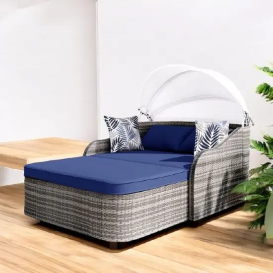 Mshliw 79.9" Outdoor Sun Lounger with Adjustable Canopy, Curved Armrests, and Pillows &ndash; PE Rattan Daybed for Patio, Deck, or Garden image {13}