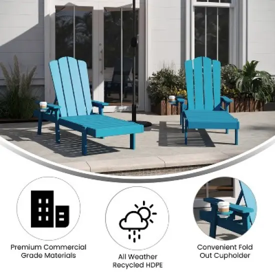 Flash Furniture Sonora Set of 2 Commercial Grade Adjustable Adirondack Loungers with Cupholder, All-Weather Indoor/Outdoor Recycled HDPE Lounge Chair image {3}