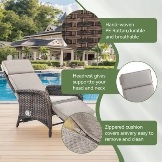 POCASSY Outdoor Recliner Chair, Wicker Adjustable Reclining Patio Lounge Chair with Cushion, Adjustable Backrest and Footrest, Ideal for Pool Deck image {6}