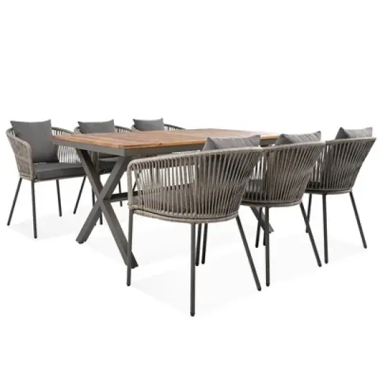 FIONECA 7-Piece Patio Dining Set with Acacia Wood Tabletop & Metal Frame, Outdoor Furniture Set with Chairs for Garden, Backyard, Balcony, Grey image {8}