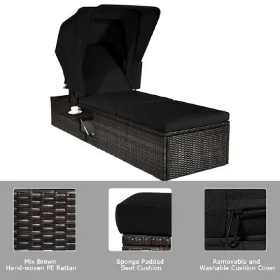 Tangkula Set of 2 Rattan Patio Chaise Lounge Chair W/ Adjustable Canopy Black Cushion image {5}