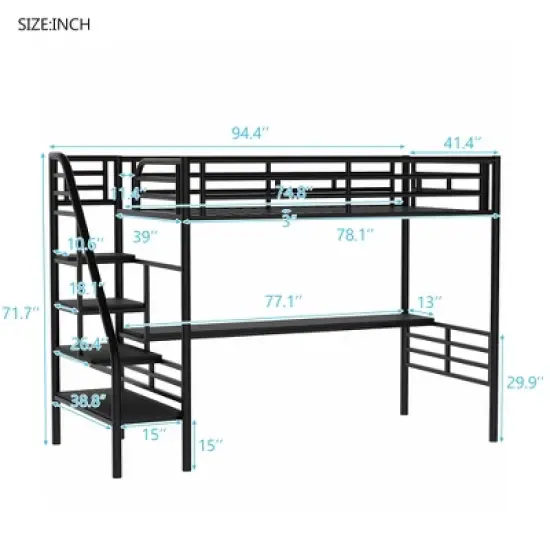 Metal Twin Size Loft Bed with Desk, Black - ModernLuxe image {2}