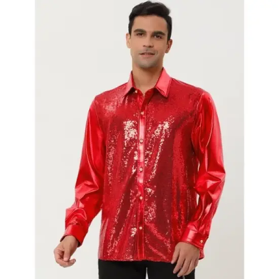 Lars Amadeus Men's Shiny Sequins Slim Fit Long Sleeves Button Down Disco Party Shirt image {2}