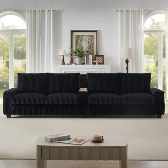 4-seater Corduroy Sofa Couch 133" Modern Sofa with USB Ports, Hidden Storage Arms, Flip-Top Cup Holders for Living Room, Black image {8}