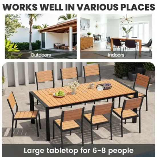 Crestlive Products Outdoor Dining Table for 4-6 People Patio Rectangle Table, Aluminum Frame with Durable Wood-Like Tabletop and Umbrella Hole Brown image {5}