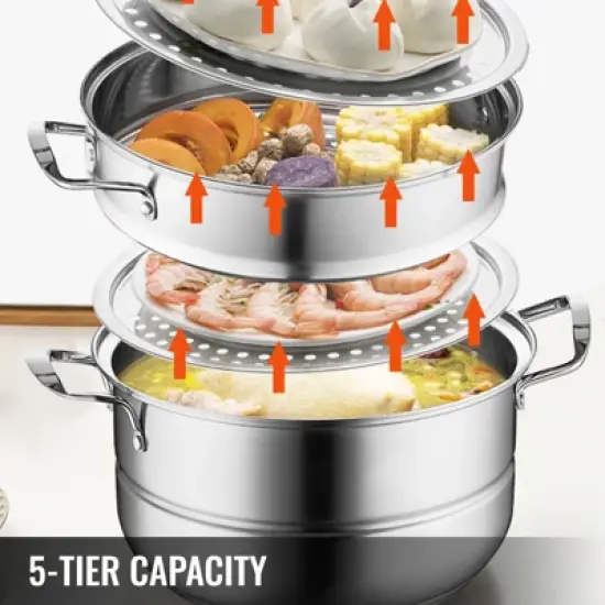 VEVOR Steamer Pot 11.8in/30cm, 5 Tier Steamer Pot for Cooking with 10QT Stock Pot, 3 Vegetable Steamers & 2 Steaming Trays, Silver image {2}