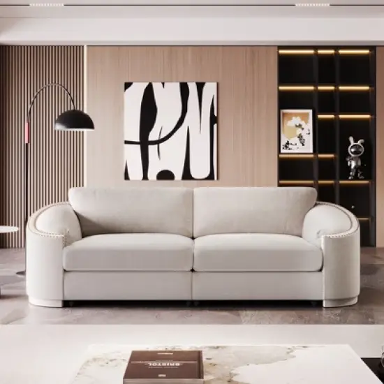 Stylish Sofa with Semilunar Arm, Rivet Detailing, and Solid Frame-ModernLuxe image {1}