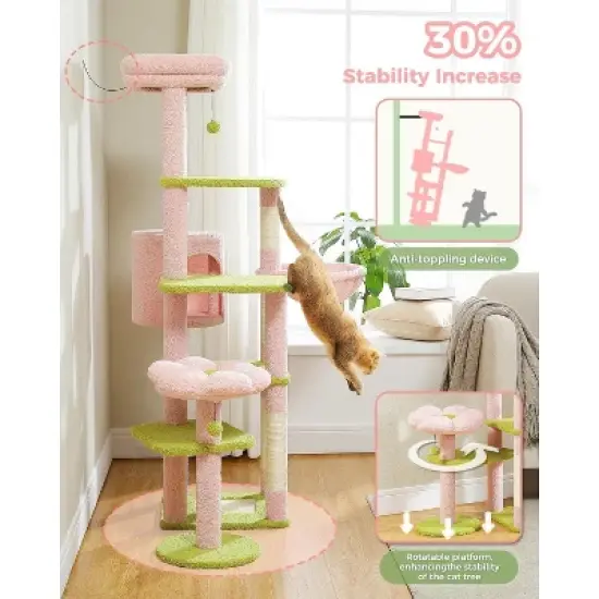 QuestaPack 59" Flower Cat Tree, Scratching Post, and 2 Perches, Pink image {3}
