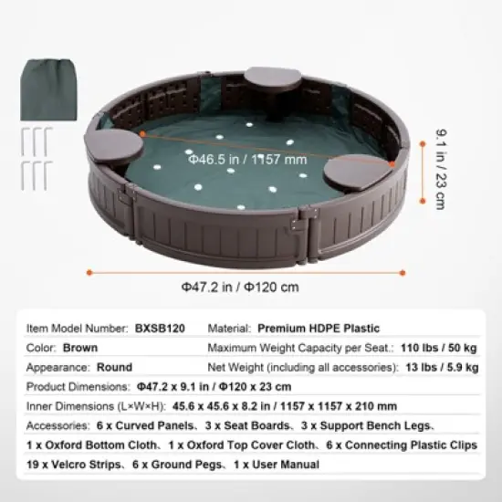 VEVOR Sandbox with Cover, 47.2 x 9.1 in Round Sand Box, HDPE Sand Pit with 3 Corner Seating and Bottom Liner, Gift for Boys Girls Ages 3-12, Brown image {7}