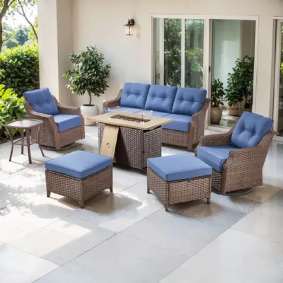 POCASSY 7 Piece 6 inch Thick Upholstered Cushion Patio Furniture Set with Fire Pit Table, All Weather Brown Wicker Outdoor Conversation Set for Deck image {17}