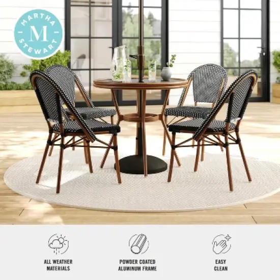 Martha Stewart Lily Pond 31" Round Indoor-Outdoor Bistro Dining Table with Woodgrain Aluminum Finish Frame and Woven Rattan Tabletop image {3}