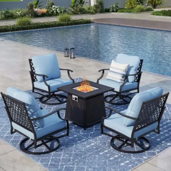 Captiva Designs 5pc Metal Patio Outdoor Conversation Fire Pit Set with Swivel Grid-back Armchairs for Garden, Poolside, Backyard image {12}