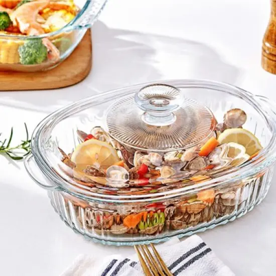 Itopfox 4-Piece Glass Casserole Baking Dish Set with Lids, Includes 2 Casseroles for Baking, Serving and Storing, Borosilicate Glass image {4}