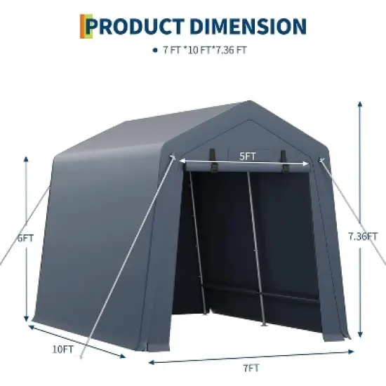 Acekool 7x10 FT Portable Outdoor Storage Shed, Dual Roll-Up Zipper Doors, Heavy-Duty Waterproof PE Tarp, UV-Resistant Shelter for Tools, Gray image {5}