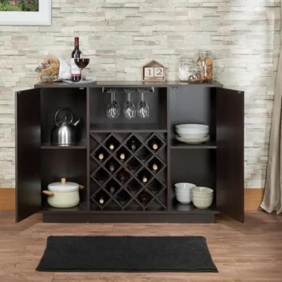 Gulches Espresso Wine Server with 18 Bottle Rack, Cup Holder and Storage Sleek Rectangular Design for Modern Spaces image {9}