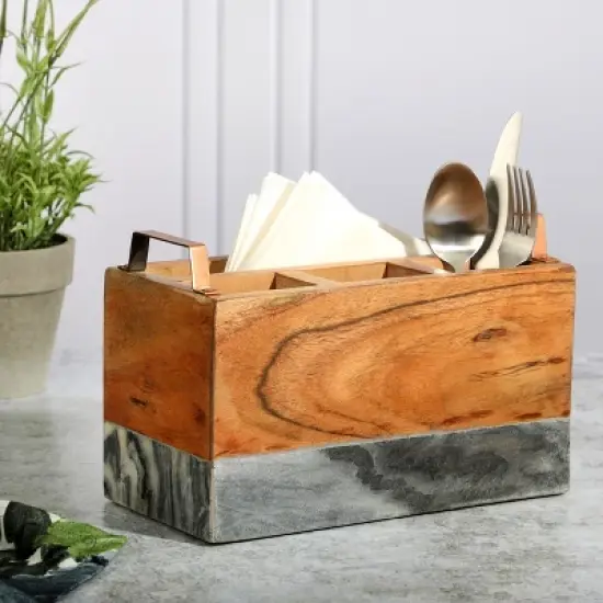 Laurie Gates California Designs Grey Marble and Acacia Wood Salad Server Holder image {3}