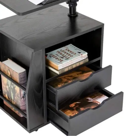 EROMMY 360 Degree Swivel Top Adjustable Height Bedside Nightstand End Table with Storage Drawers, Shelves, Lockable Wheels, and Computer Baffle, Black image {3}