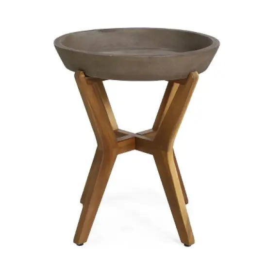 GDFStudio Hobson Outdoor Acacia Wood and Lightweight Concrete Side Table, Teak/Light Gray image {4}