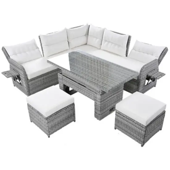 Outdoor Rattan Furniture Set, Patio Seating Group Conversation Set with Height-Adjustable Table and Recliner Seats -ModernLuxe image {11}