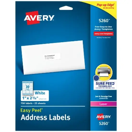 Avery Easy Peel Printable Address Labels with Sure Feed, 1" x 2-5/8", White, 750 Blank Mailing Labels for Laser Printers (5260) image {9}