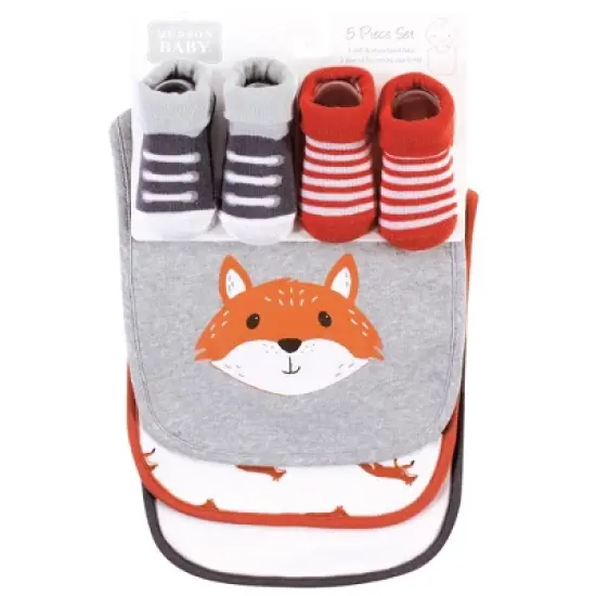 Hudson Baby Infant Boy Cotton Bib and Sock Set, Little Fox image {1}