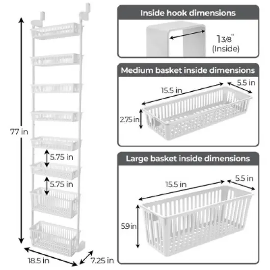 Smart Design 8-Tier Over The Door Hanging Pantry Organizer with 6 full Baskets and 2 Deep Baskets White: Steel Kitchen Storage Rack image {3}