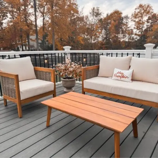 Christopher Knight Home Burchett 4 Pieces Patio Acacia Wood and Wicker Conversation Set with Cushions image {1}