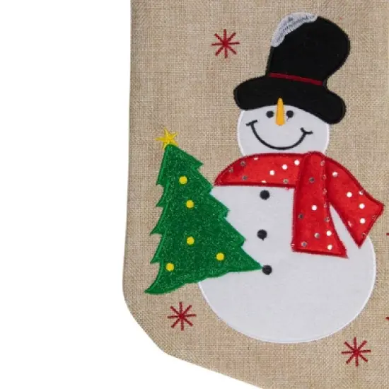 Northlight 19" Burlap Standing Snowman With a Tree and Snowflakes Christmas Stocking image {2}