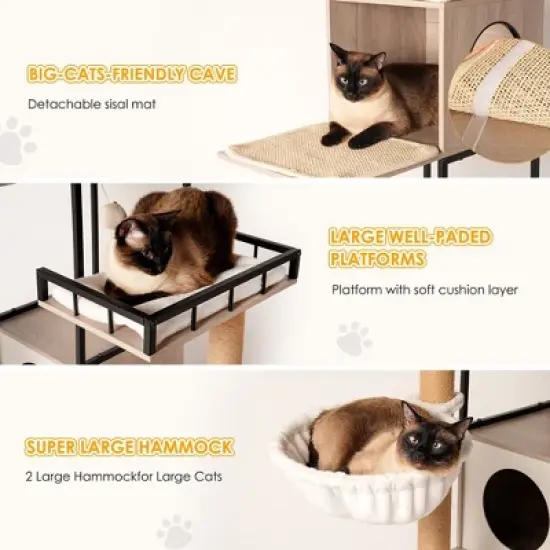 Whisen Cat Tree & Cat Bed with Litter Box Enclosure, Scratching Post, Cat Teaser Ball, Anti-Slip Mat - White+Gray image {2}