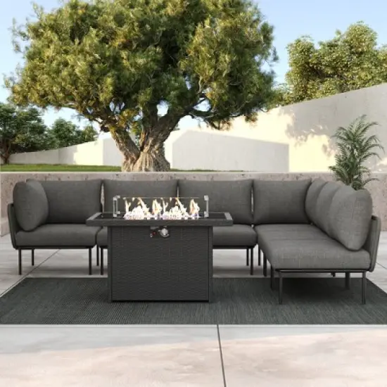 LayinSun 7 Pieces Rope Woven Patio Furniture Set, Modern Modular Sectional Sofa with Fire Pit Table and Upgrade Thickness Cushion image {7}