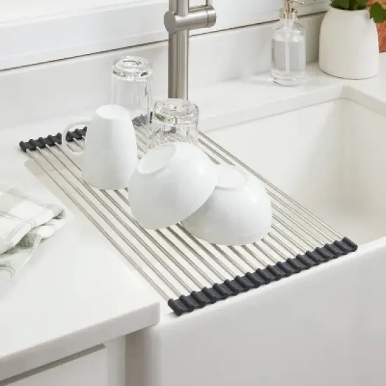Over the Sink (Roll Away) Dish Drainer Silver - Brightroom&trade;: Stainless Steel Drying Rack Mat, Hand Wash, 20.5"x13" image {1}
