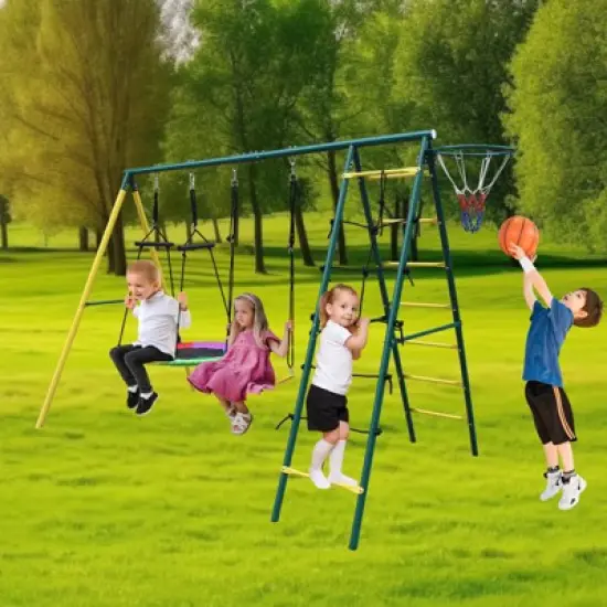 106.50"Indoor/Outdoor Metal Swing Set with Safety Belt for Backyard,Multicolor image {1}